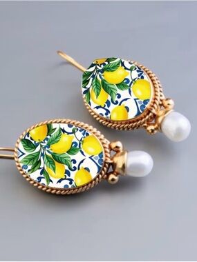 Gold-Tone Lemon Print Drop Earrings with Pearl Accent